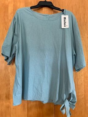 NWT Minibee Linen & Cotton Light Teal Tie-Hem Short Sleeve Summer Blouse 2XL